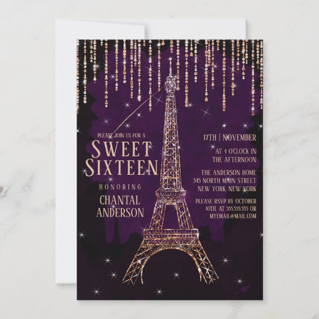 Watercolor Glitter Paris Eiffel Torn Sweet 16 Inbjudningar (Framsida)