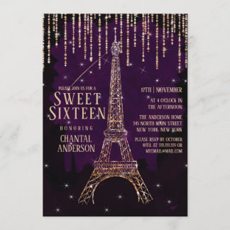 Watercolor Glitter Paris Eiffel Torn Sweet 16 Inbjudningar