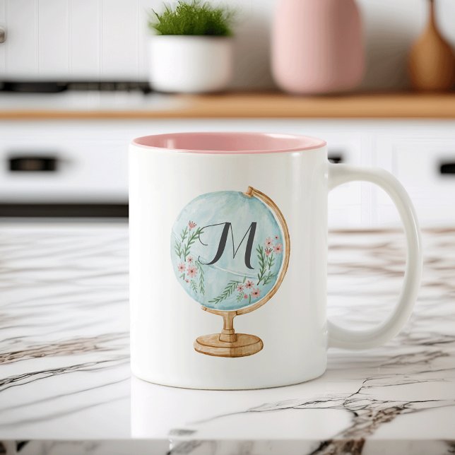 Watercolor Globe Monogram Två-Tonad Mugg (Skapare uppladdad)