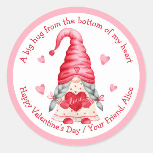 Watercolor Gnome Girl Classmates Valentines Runt Klistermärke