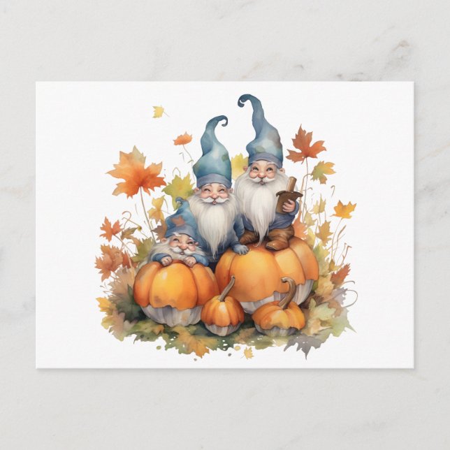 Watercolor Gnome Pumpkin-Thanksgiving Helg Vykort (Framsida)