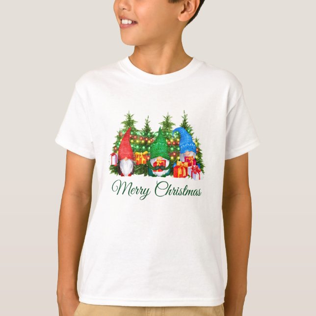 Watercolor Gnomes Grönt God jul Boy's T Shirt (Framsida)