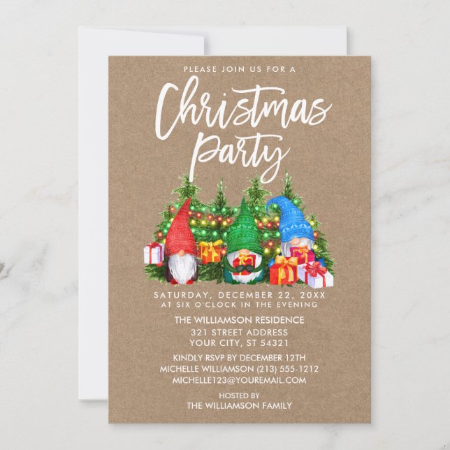 Watercolor Gnomes Ljus jul Party Kraft Inbjudningar (Framsida)