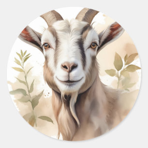 Watercolor Goat Porträtt i Delikata Earthy Tones Runt Klistermärke