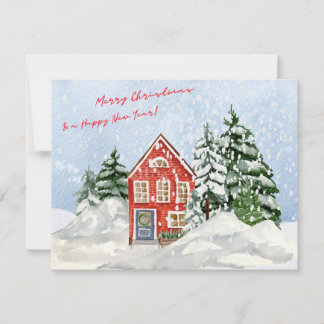 Watercolor God jul Mysigt House under Snö Julkort