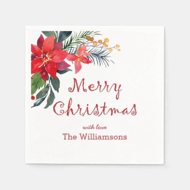 Watercolor God jul Poinsettia Pappersservett (Framsidan)