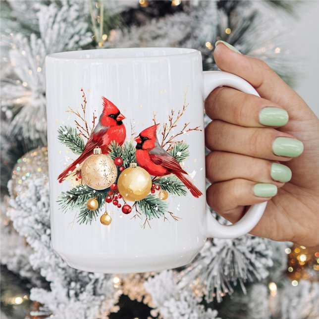 Watercolor God jul Red Cardinal & Berries Kaffemugg (Skapare uppladdad)