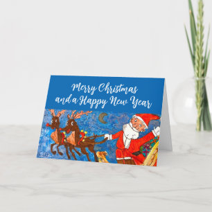Watercolor God jul Santa Reindeer Helgkort