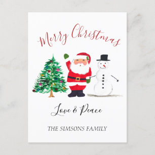 Watercolor God jul Santa Snögubbe Helg Vykort