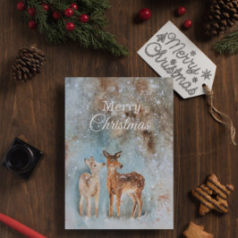 Watercolor God jul Winter Snö Fawn Hjort Helgkort