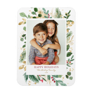 Watercolor Gold Foil Greenery och Holly Photo Magnet