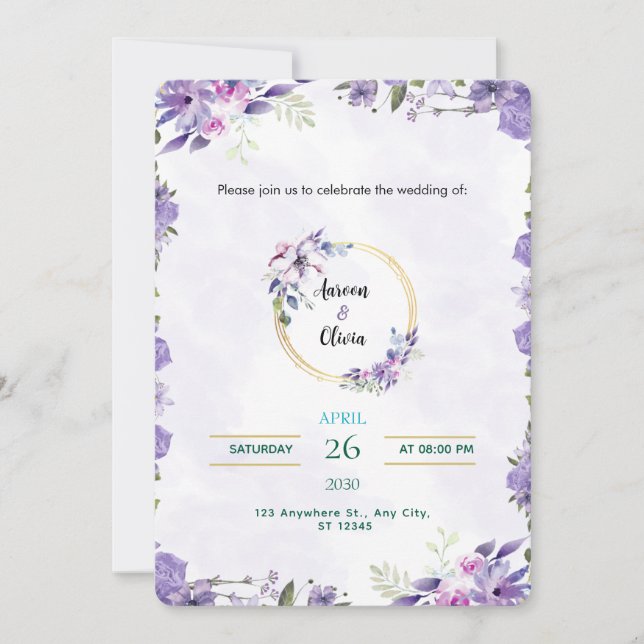 Watercolor Gold & Purple Invitation Inbjudningar (Framsida)