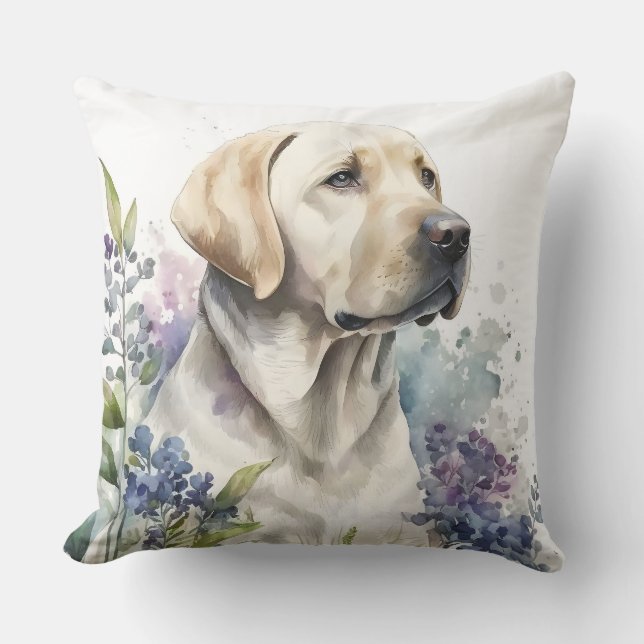 Watercolor Golden Labrador Retriever och Flowers Kudde (Framsida)