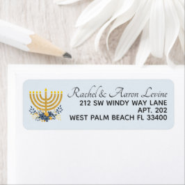 Watercolor Golden Menorah & Flowers Hanuakkah Returadress Etikett
