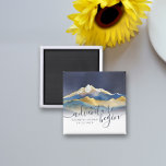 Watercolor Golden Mountains Bröllop spara datum Magnet<br><div class="desc">Låt Äventyr börja! Modern Vintage Elegant bröllop Spara datum magneter-mall - Blått Grönt och Faux Guld Foil Watercolor Mountains Landscapes Scenery. Dessa utformningar kan vara Personlig för ditt särskilda tillfälle och skulle vara Perfekt för Bröllop,  Möhippa,  Förlovningsfest,  Födelsedagsfest och många fler särskilda tillfällen.</div>
