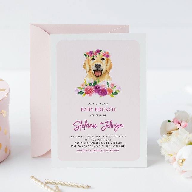 Watercolor Golden Retriever Blommigt Baby Brunch Inbjudningar (Skapare uppladdad)