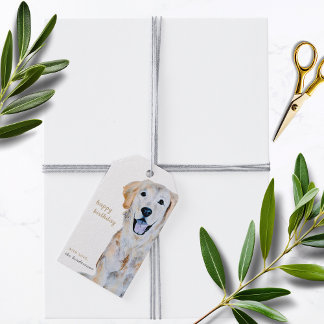 Watercolor Golden Retriever Hund Grattis på födels Presentetikett