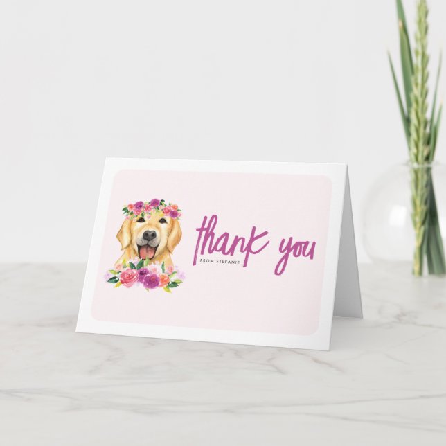 Watercolor Golden Retriever Lila Blommigt Birthday Tack Kort (Framsida)