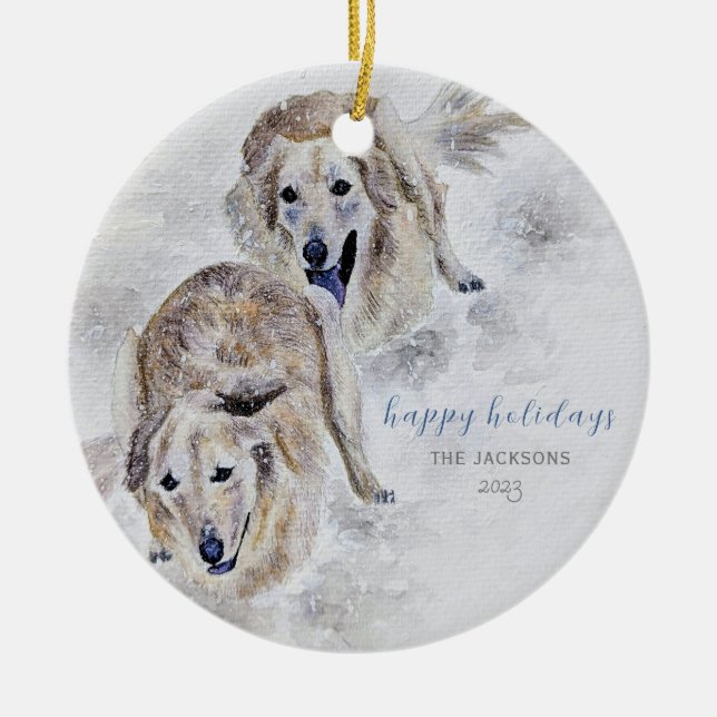 Watercolor Golden Retriever Snowy Helgdag Julgransprydnad Keramik (Framsidan)