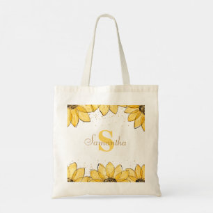 Watercolor Golden Sunblommor Blommigt Monogram Nam Tygkasse