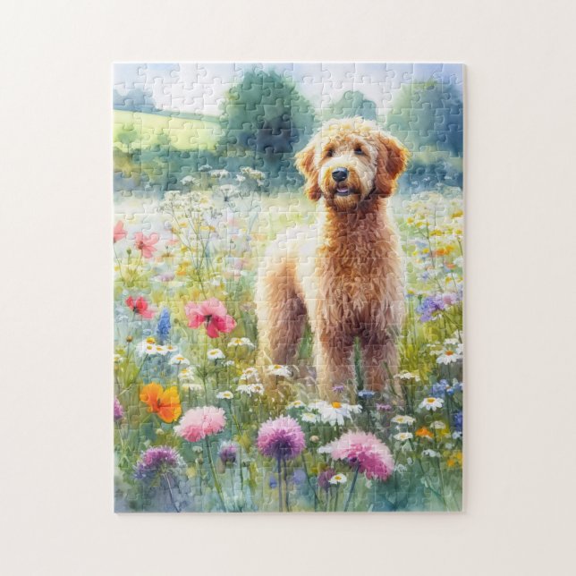 Watercolor Goldendoodle Hund Wildblomme Fält Pussel (Vertikal)