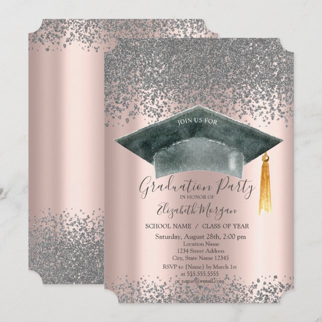 Watercolor Grad Cap,Diamanter Rosa Guld Examen  Inbjudningar (Fram/baksida)