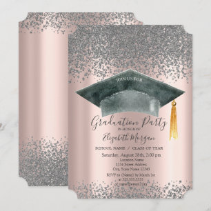 Watercolor Grad Cap,Diamanter Rosa Guld Examen Inbjudningar