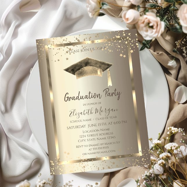 Watercolor Grad Cap Guld Stars Champagne Inbjudningar (Skapare uppladdad)