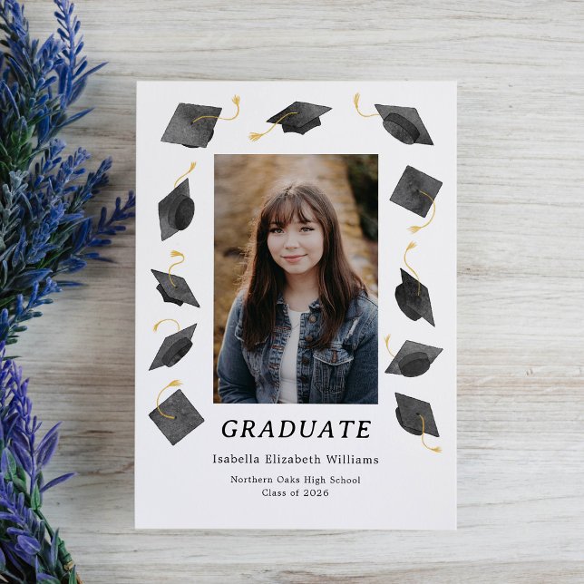 Watercolor Graduation Caps Grad Announcement Card Meddelande (Skapare uppladdad)