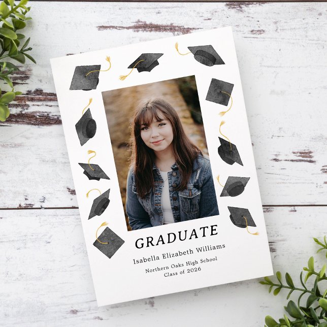 Watercolor Graduation Caps Grad Party Invitation Meddelande (Skapare uppladdad)