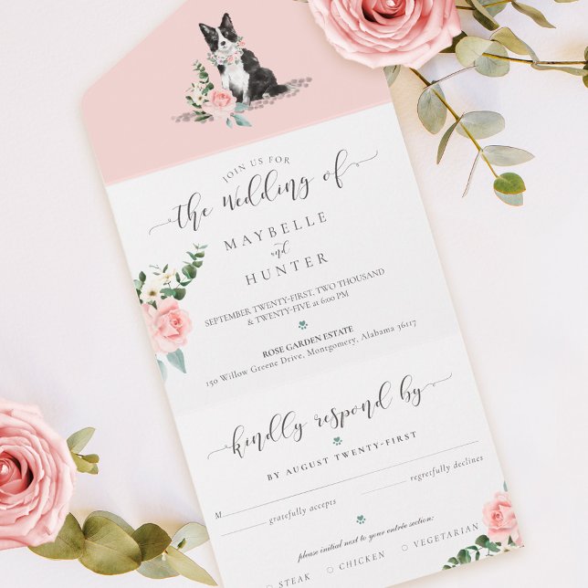 Watercolor Gräns Collie Hund & Blommigt Rosa ros (Watercolor Border Collie Dog & Floral Pink Rose All In One Invitation)
