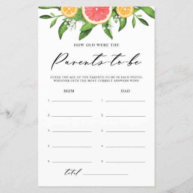 Watercolor Grapefruit How Old Baby Shower Game (Framsida)