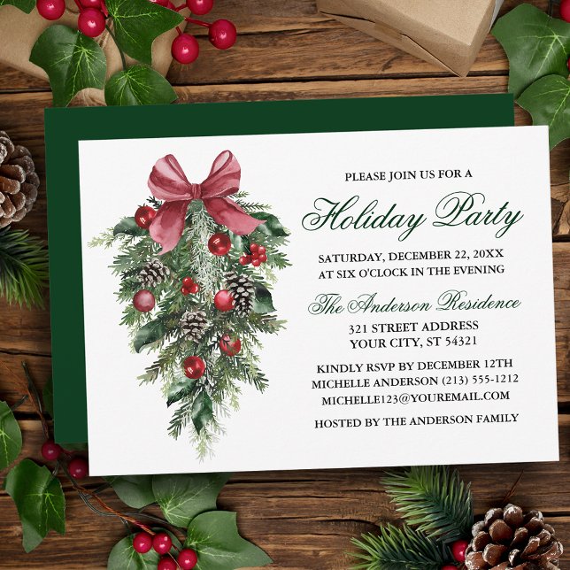 Watercolor Gräs Berries Bow Grönt Julfest Inbjudningar (Customize to change text color, size, style or to change color of back of card.)