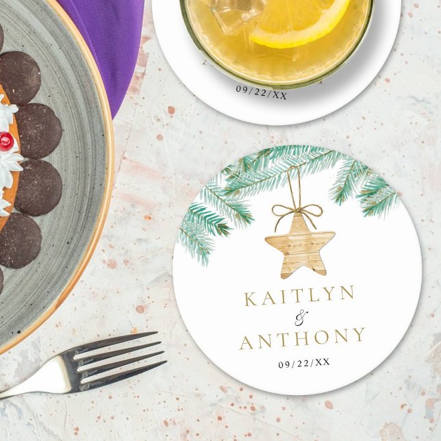 Watercolor Gräs Boughs jul Winter Wedding Underlägg Papper Rund (Skapare uppladdad)