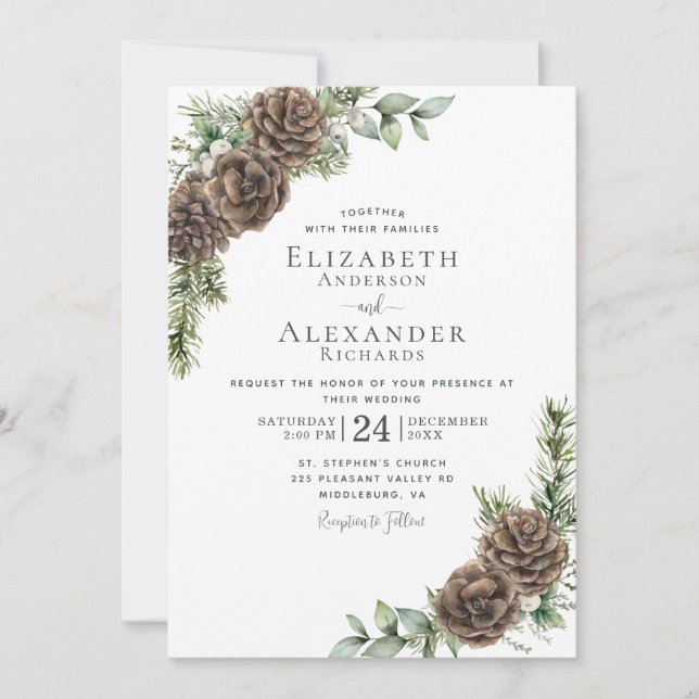 Watercolor Gräs Cone Greenery Winter Wedding Inbjudningar (Framsida)