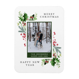 Watercolor Gräs Holly Berries Photo jul Card Magnet