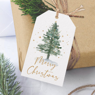Watercolor Gräs Julgran Guld Presentetikett