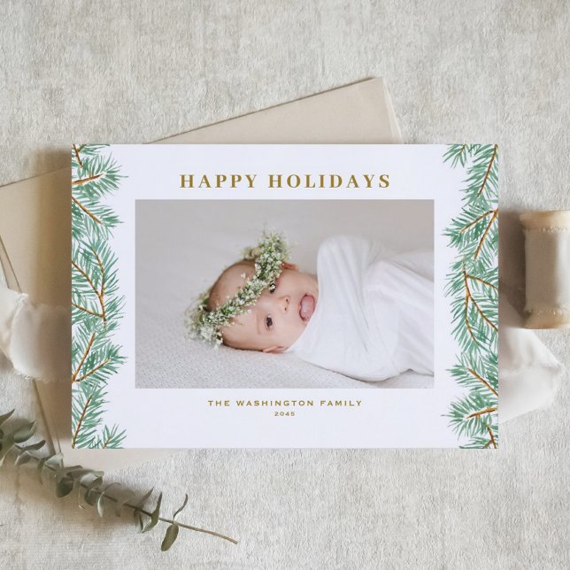 Watercolor Gräs Nål Garland Glad helg Julkort (Watercolor Pine Needles Garland Photo Happy Holidays Card)