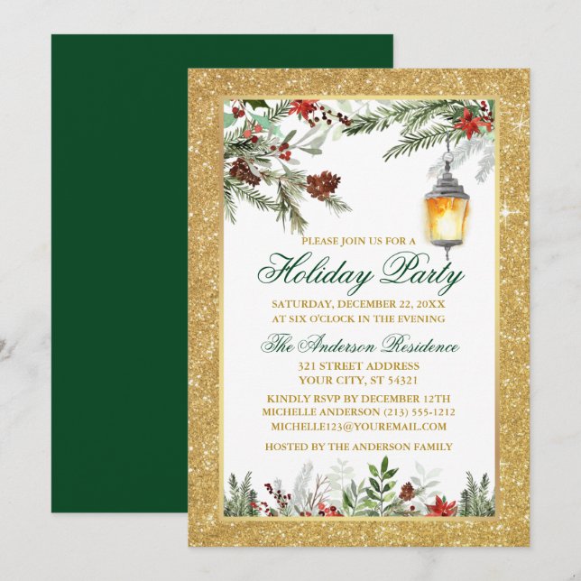 Watercolor Gräs Poinsettia Glitter Julfest Inbjudningar (Fram/baksida)