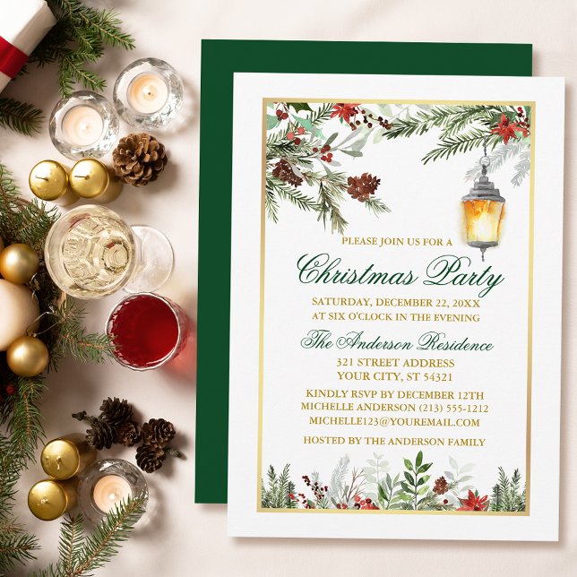 Watercolor Gräs Poinsettia Guld jul Party Inbjudningar (Customize to change text size, text style or to change color of back of card.)
