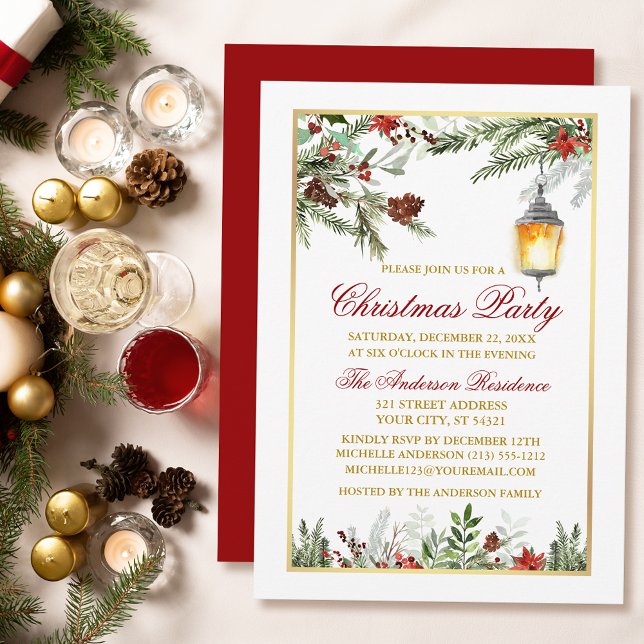 Watercolor Gräs Poinsettia jul Party Guld Inbjudningar (Customize to change text size, text style or to change color of back of card.)