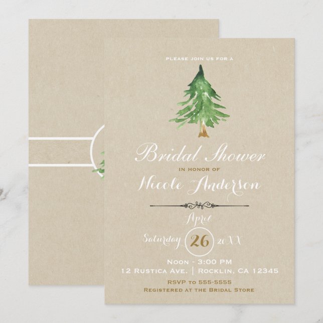 Watercolor Gräs Träd Rustic Kraft Möhippa Inbjudningar (Fram/baksida)