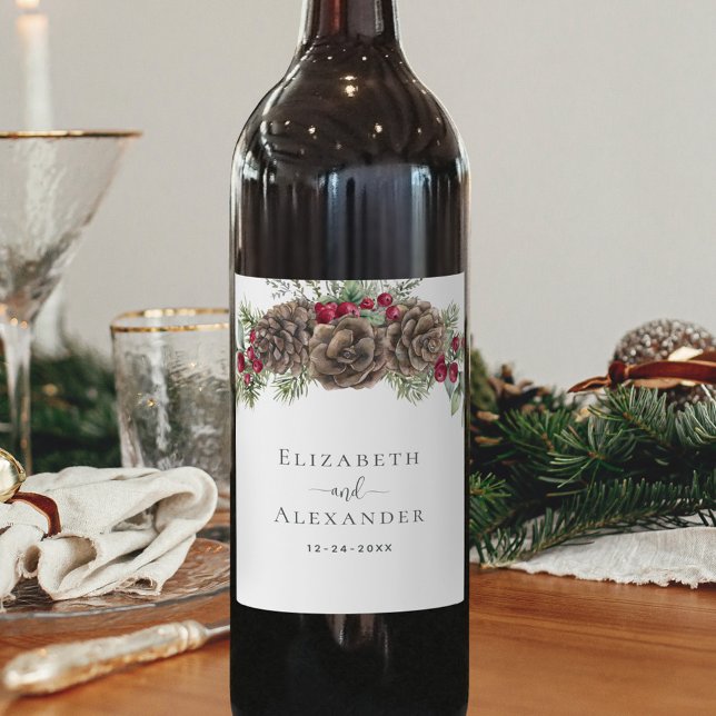 Watercolor Gräs Winter Berries jul Bröllop Vinflaska Etikett (Skapare uppladdad)