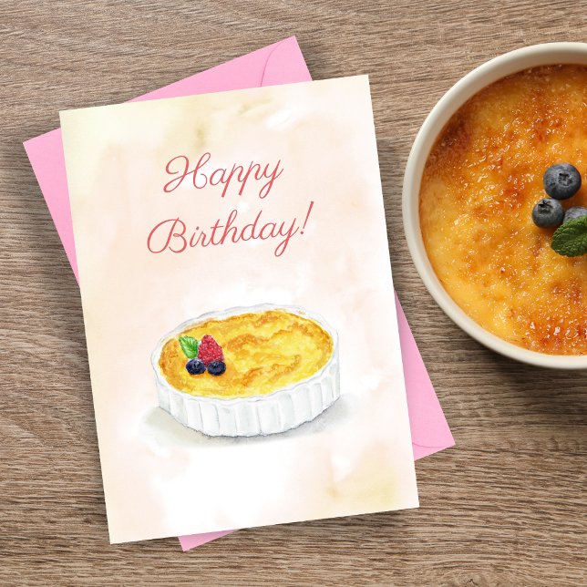 Watercolor Grattis på födelsedagen Creme Brûlée Kort (Indulge their senses with this Crème Brûlée card, an artistic delight.)