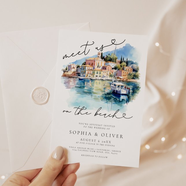 Watercolor Greece Beach Destinations Wedding Inbjudningar (Skapare uppladdad)
