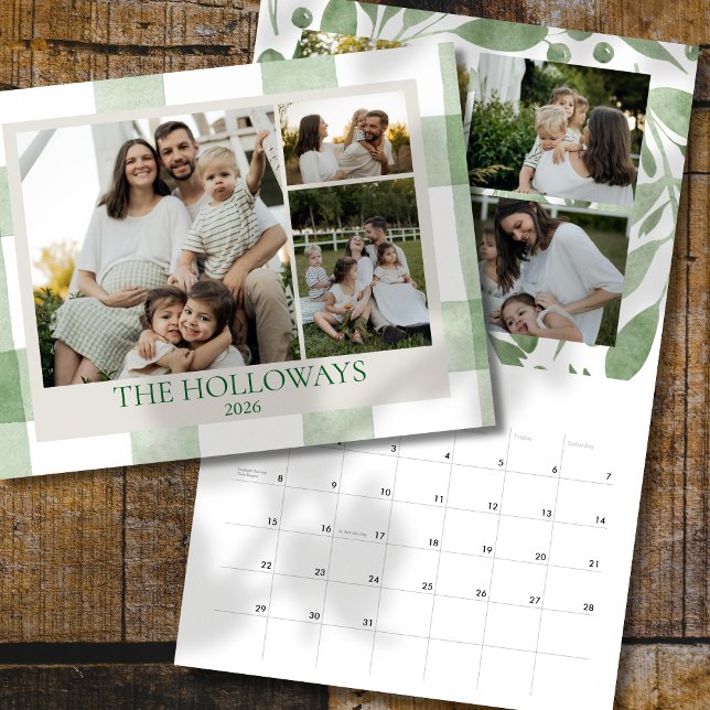 Watercolor Green Gingham Family Photo Calendar Kalender (Add a personal touch to your family calendar with this Green Gingham Family Photo Calendar!)