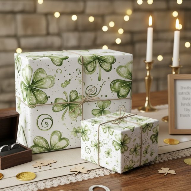 Watercolor Green Shamrocks Three Leaf Clovers Presentpapper (Skapare uppladdad)