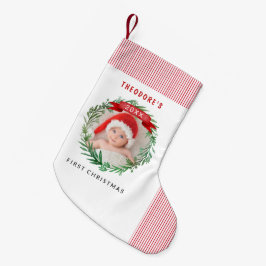 Watercolor Green Wreath First Christmas Baby Photo Liten Julstrumpa