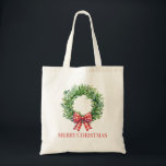 Watercolor Green Wreath With Red Gingham Bow Tygkasse<br><div class="desc">This personalized Christmas holiday cotton tote bag features green wreaths with red gingham bows.  Personalize with your choice of name and special text on the front and back.   Fun for personalized gift bags and party favors.</div>