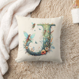 Watercolor Greenery Älvors Monogram Brev J Kudde